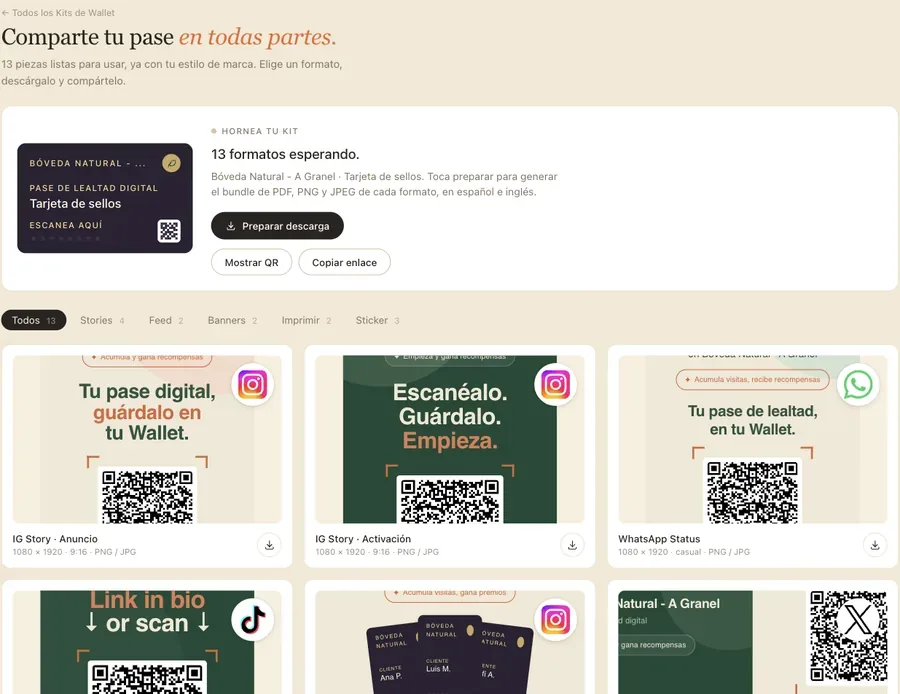 Panel de Almendro con el kit de marketing de 13 formatos listos para descargar con el QR del negocio